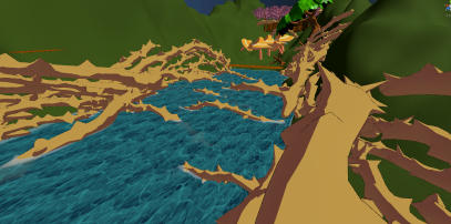 Screenshot van een ruig landschap met een wild stromende rivier en in de verte paddestoelen